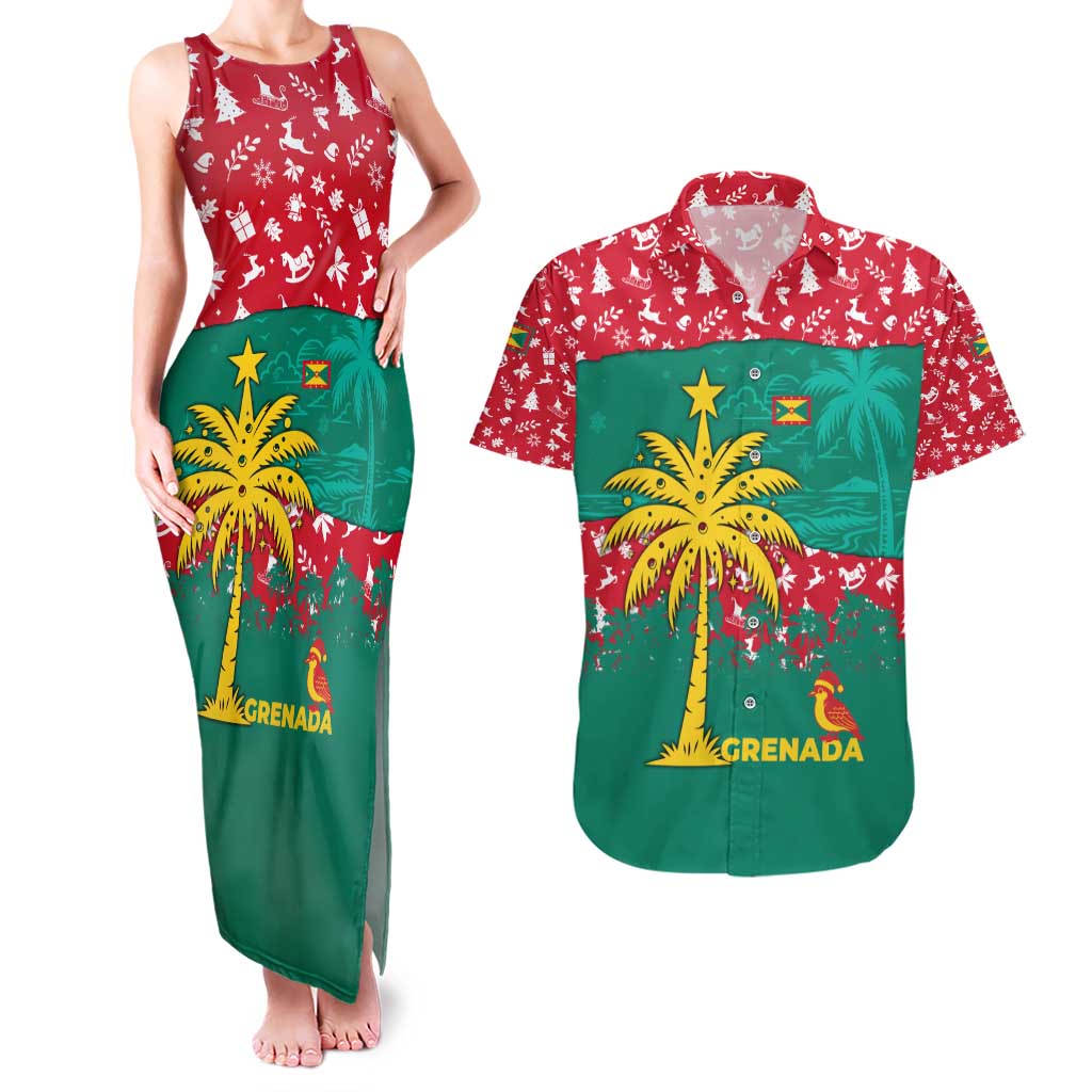 Grenada Christmas Couples Matching Tank Maxi Dress and Hawaiian Shirt with Palm Tree Bird and Tropical Holiday Pattern Design - Wonder Print Shop