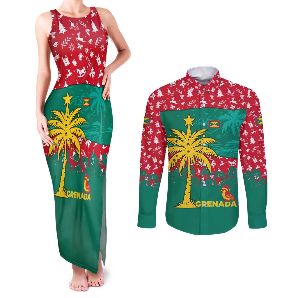 Grenada Christmas Couples Matching Tank Maxi Dress and Long Sleeve Button Shirt with Palm Tree Bird and Tropical Holiday Pattern Design - Wonder Print Shop