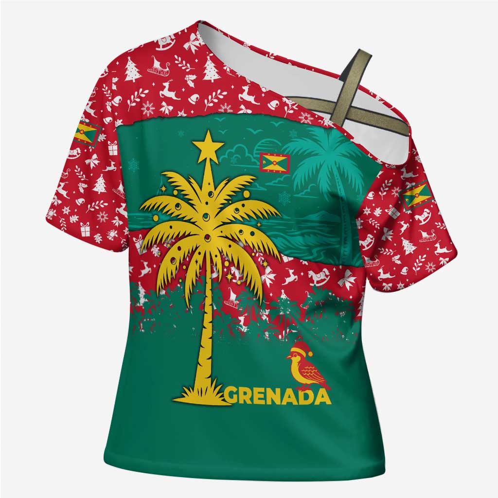 Grenada Christmas Cross Shoulder Shirt with Palm Tree Bird and Tropical Holiday Pattern Design - Wonder Print Shop