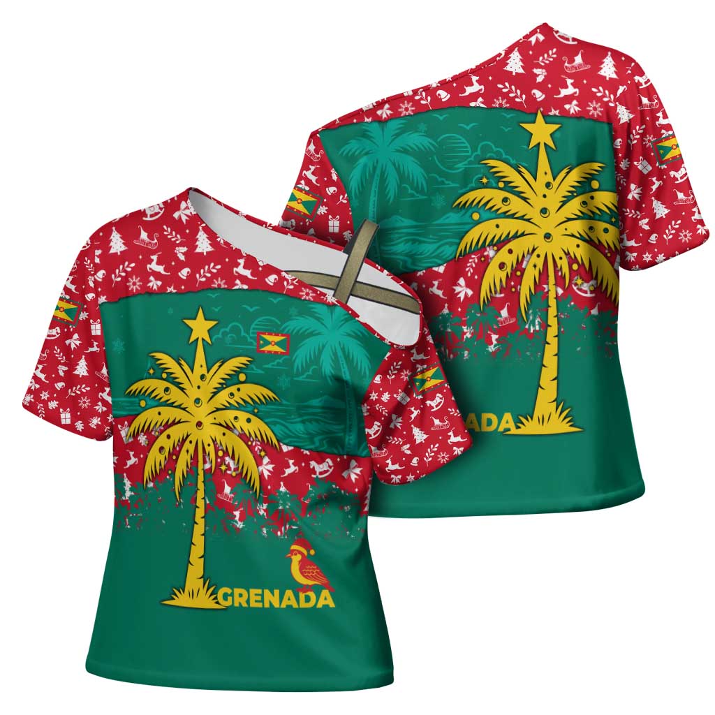 Grenada Christmas Cross Shoulder Shirt with Palm Tree Bird and Tropical Holiday Pattern Design - Wonder Print Shop