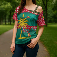 Grenada Christmas Cross Shoulder Shirt with Palm Tree Bird and Tropical Holiday Pattern Design - Wonder Print Shop