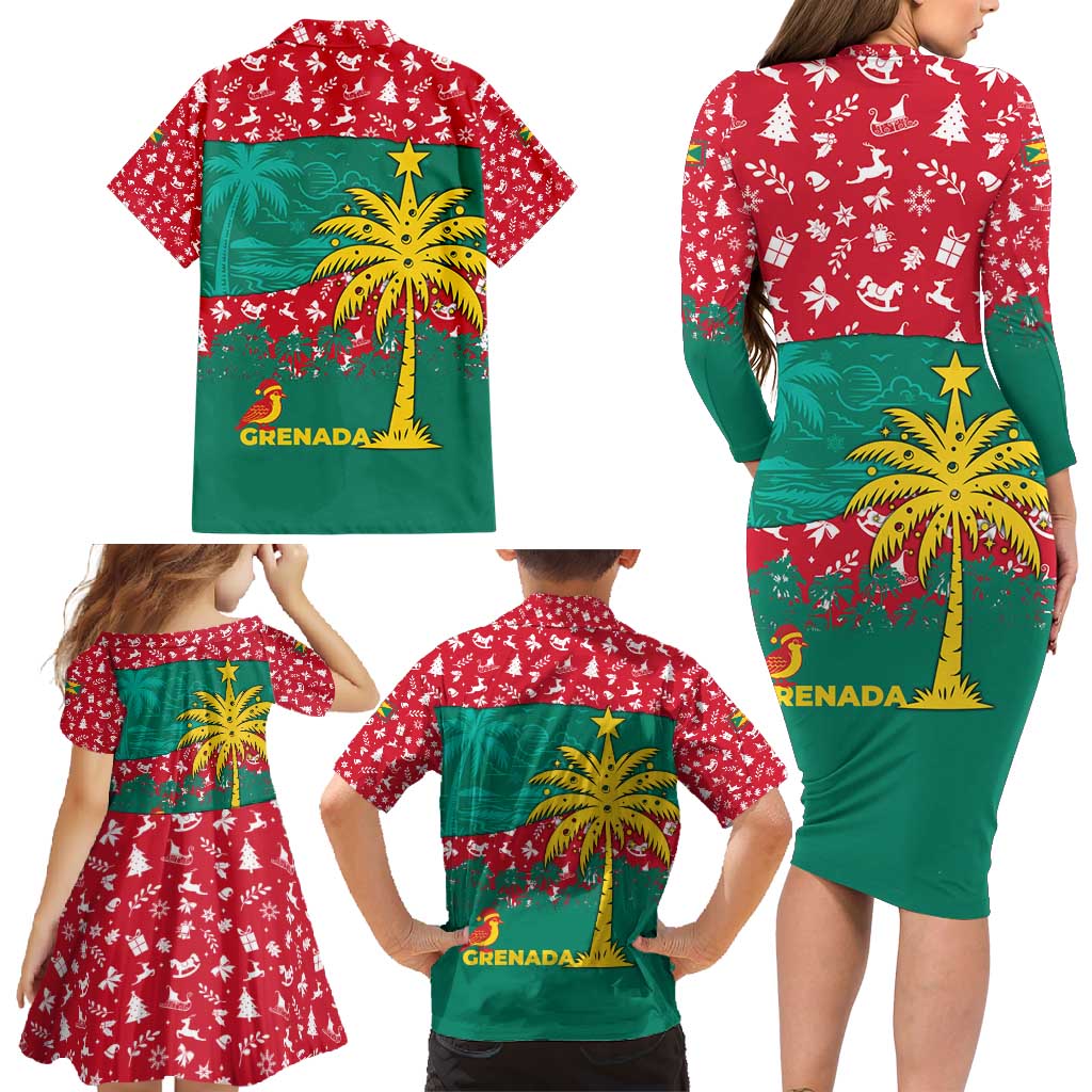 Grenada Christmas Family Matching Long Sleeve Bodycon Dress and Hawaiian Shirt with Palm Tree Bird and Tropical Holiday Pattern Design - Wonder Print Shop