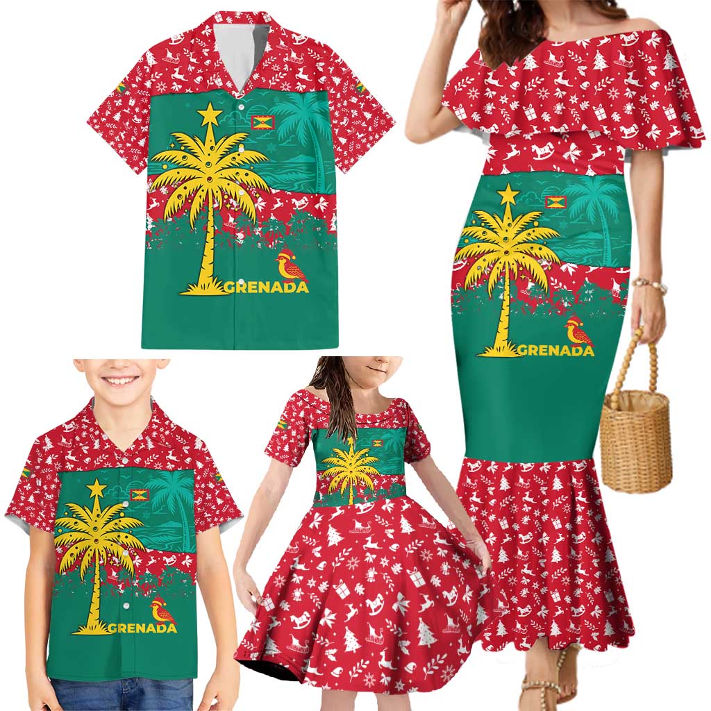Grenada Christmas Family Matching Mermaid Dress and Hawaiian Shirt with Palm Tree Bird and Tropical Holiday Pattern Design - Wonder Print Shop