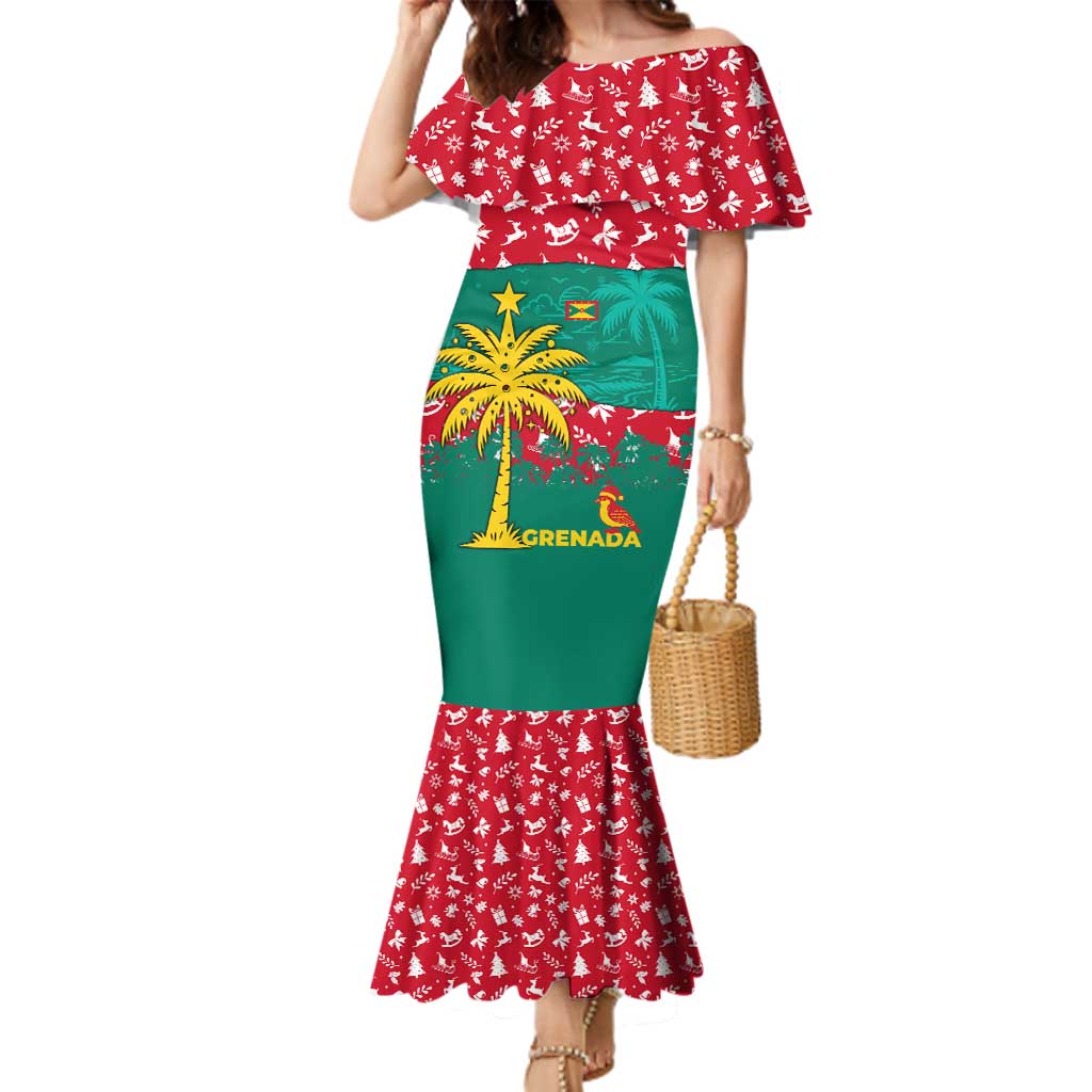 Grenada Christmas Family Matching Mermaid Dress and Hawaiian Shirt with Palm Tree Bird and Tropical Holiday Pattern Design - Wonder Print Shop