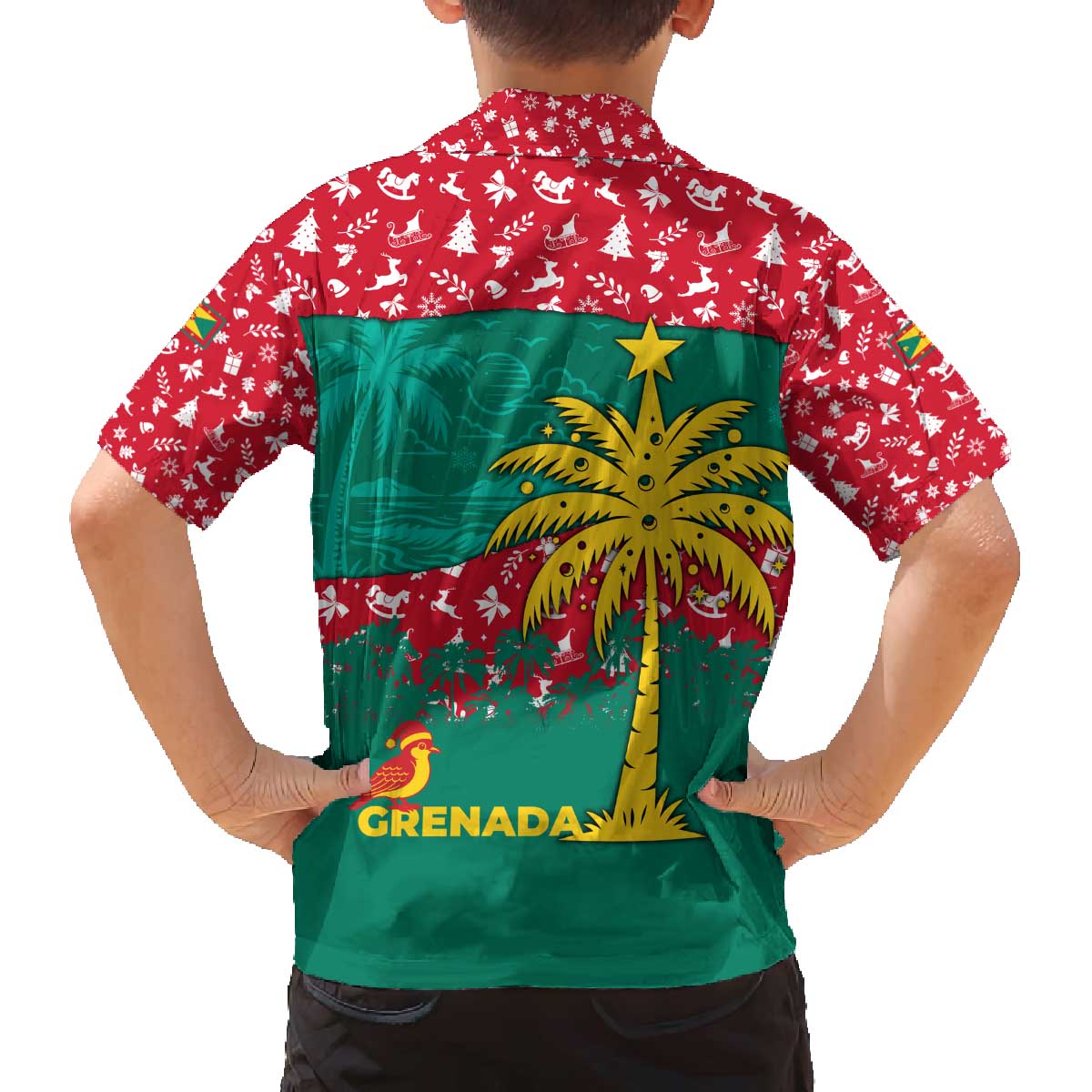 Grenada Christmas Family Matching Off The Shoulder Long Sleeve Dress and Hawaiian Shirt with Palm Tree Bird and Tropical Holiday Pattern Design - Wonder Print Shop