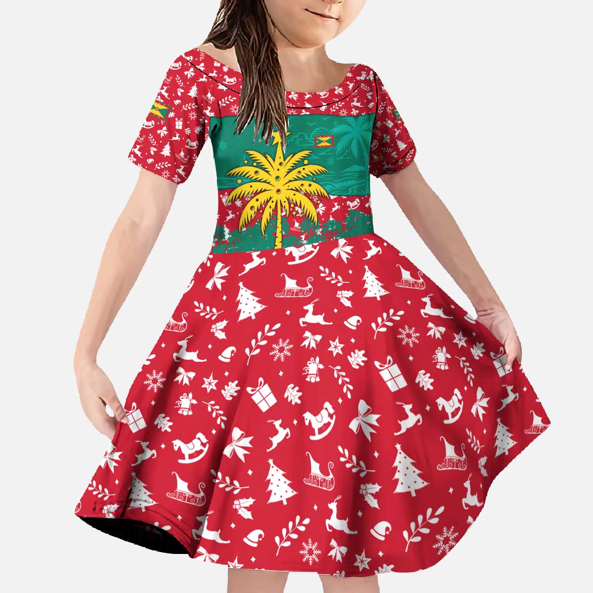 Grenada Christmas Family Matching Off The Shoulder Long Sleeve Dress and Hawaiian Shirt with Palm Tree Bird and Tropical Holiday Pattern Design - Wonder Print Shop