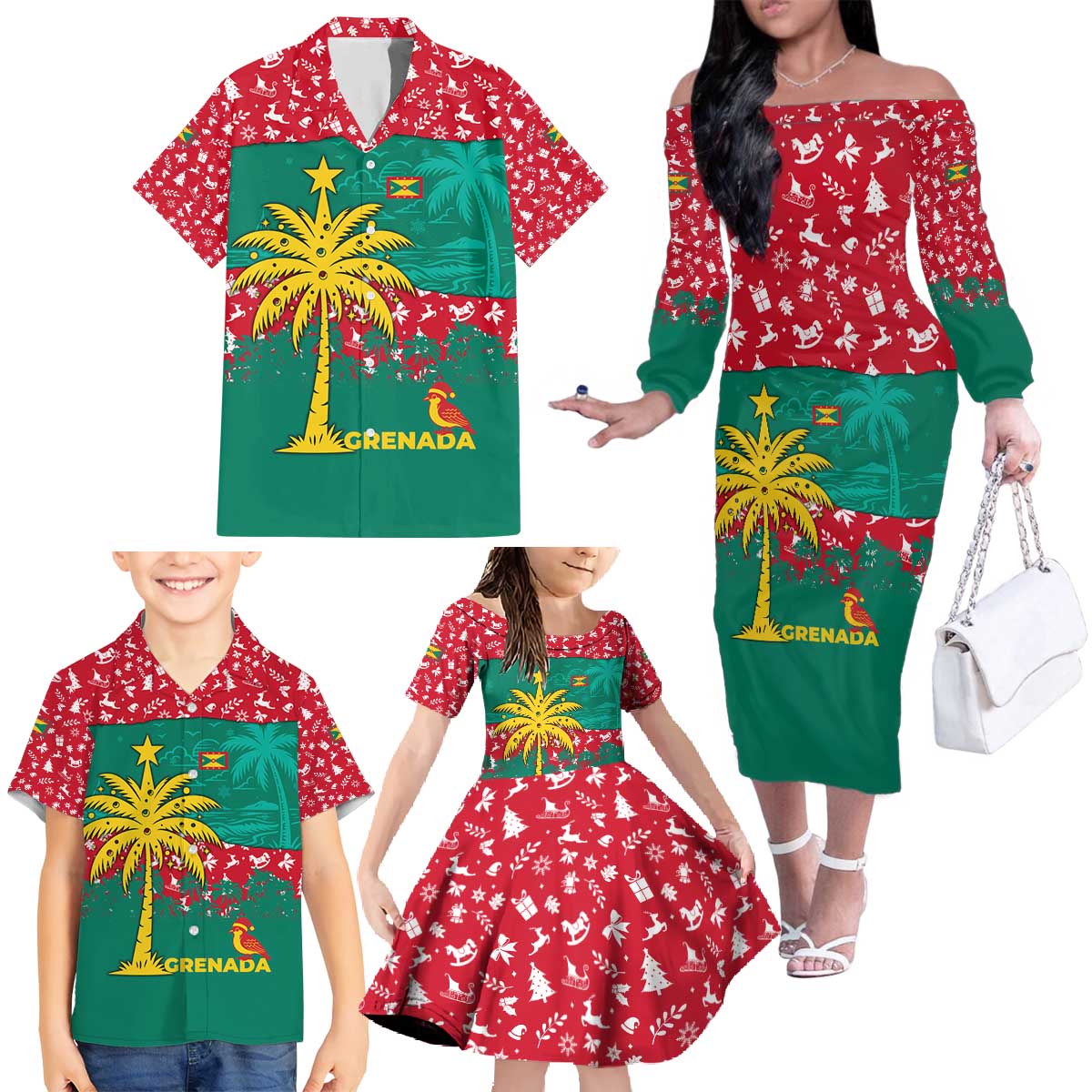 Grenada Christmas Family Matching Off The Shoulder Long Sleeve Dress and Hawaiian Shirt with Palm Tree Bird and Tropical Holiday Pattern Design - Wonder Print Shop
