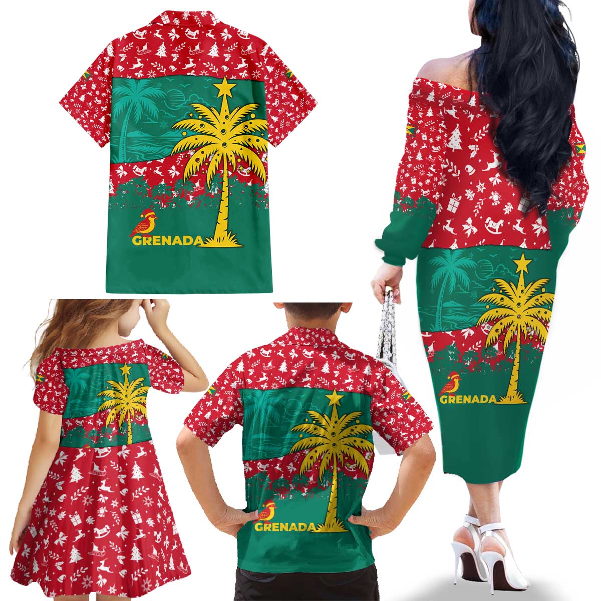 Grenada Christmas Family Matching Off The Shoulder Long Sleeve Dress and Hawaiian Shirt with Palm Tree Bird and Tropical Holiday Pattern Design - Wonder Print Shop