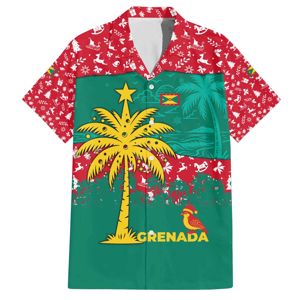 Grenada Christmas Family Matching Off The Shoulder Long Sleeve Dress and Hawaiian Shirt with Palm Tree Bird and Tropical Holiday Pattern Design - Wonder Print Shop