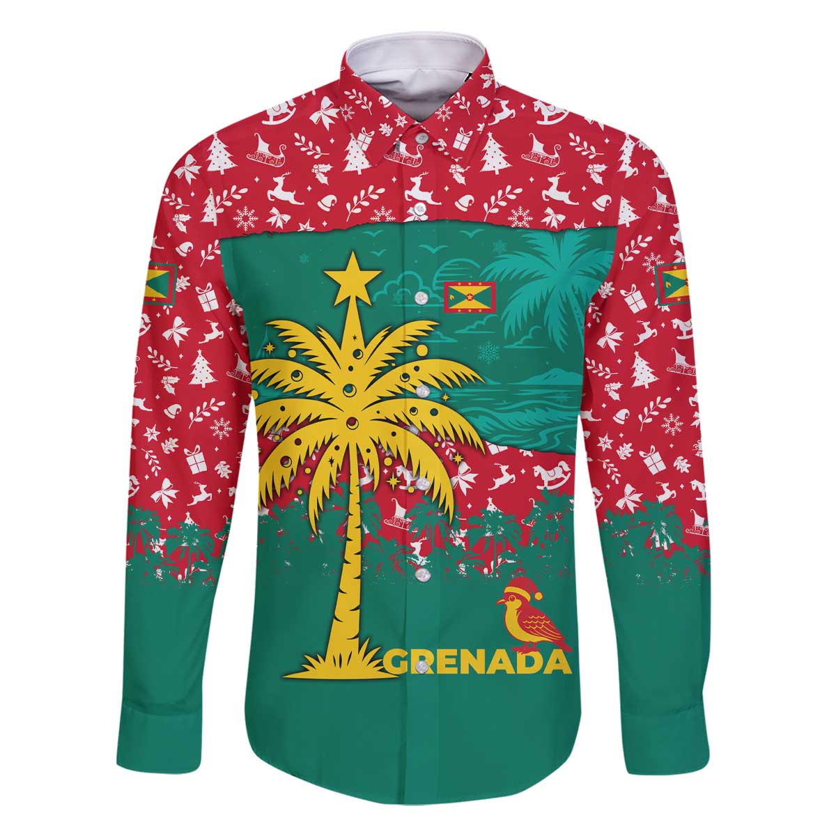 Grenada Christmas Family Matching Off The Shoulder Long Sleeve Dress and Hawaiian Shirt with Palm Tree Bird and Tropical Holiday Pattern Design - Wonder Print Shop