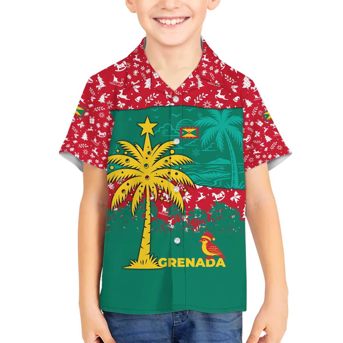 Grenada Christmas Family Matching Off The Shoulder Long Sleeve Dress and Hawaiian Shirt with Palm Tree Bird and Tropical Holiday Pattern Design - Wonder Print Shop