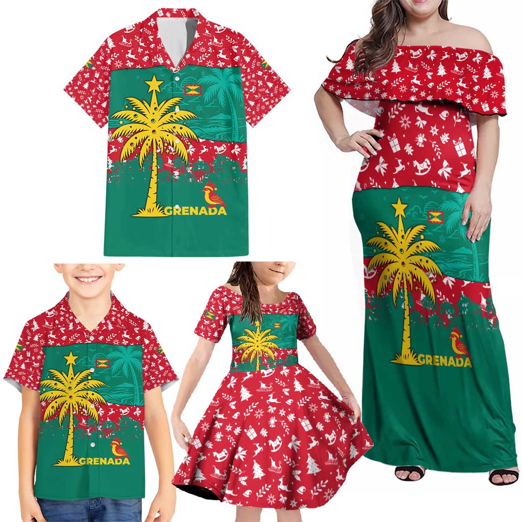 Grenada Christmas Family Matching Off Shoulder Maxi Dress and Hawaiian Shirt with Palm Tree Bird and Tropical Holiday Pattern Design - Wonder Print Shop