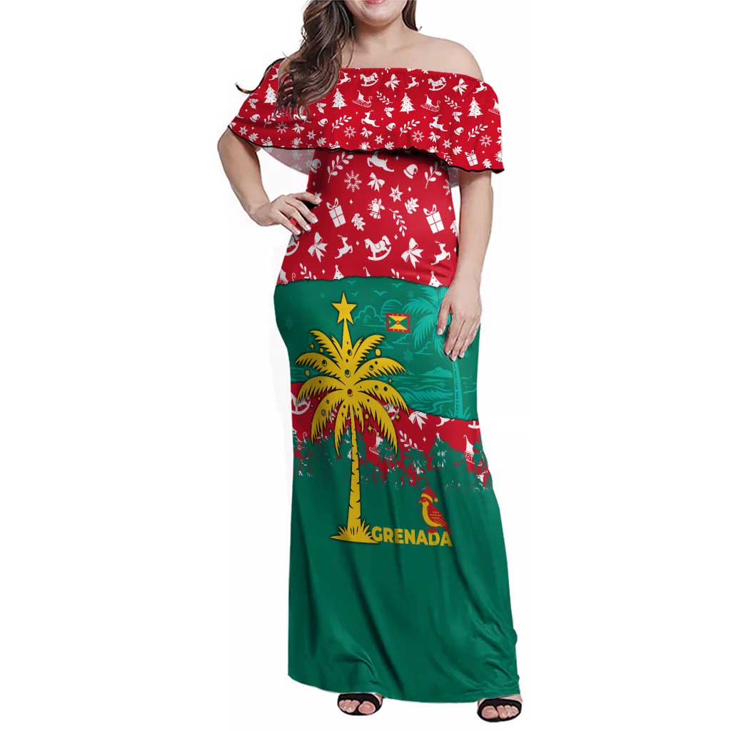 Grenada Christmas Family Matching Off Shoulder Maxi Dress and Hawaiian Shirt with Palm Tree Bird and Tropical Holiday Pattern Design - Wonder Print Shop