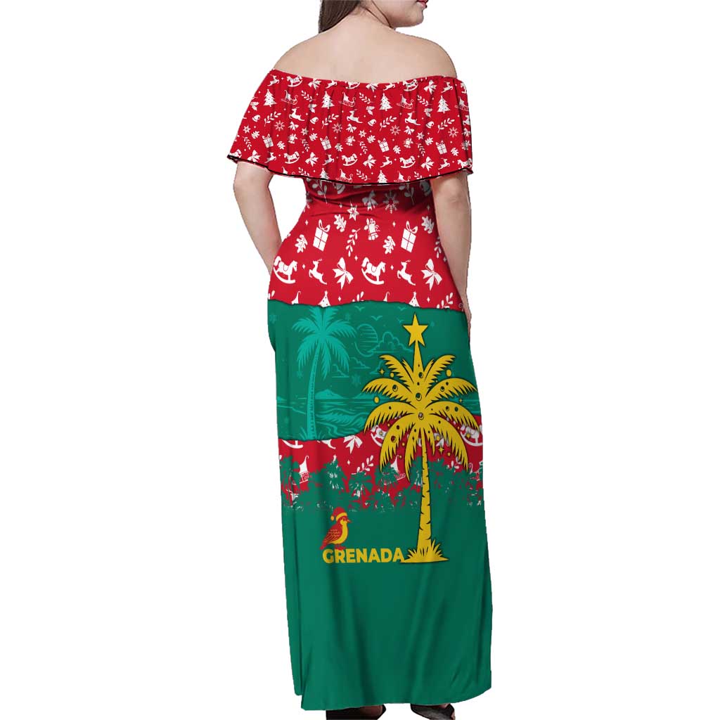 Grenada Christmas Family Matching Off Shoulder Maxi Dress and Hawaiian Shirt with Palm Tree Bird and Tropical Holiday Pattern Design - Wonder Print Shop