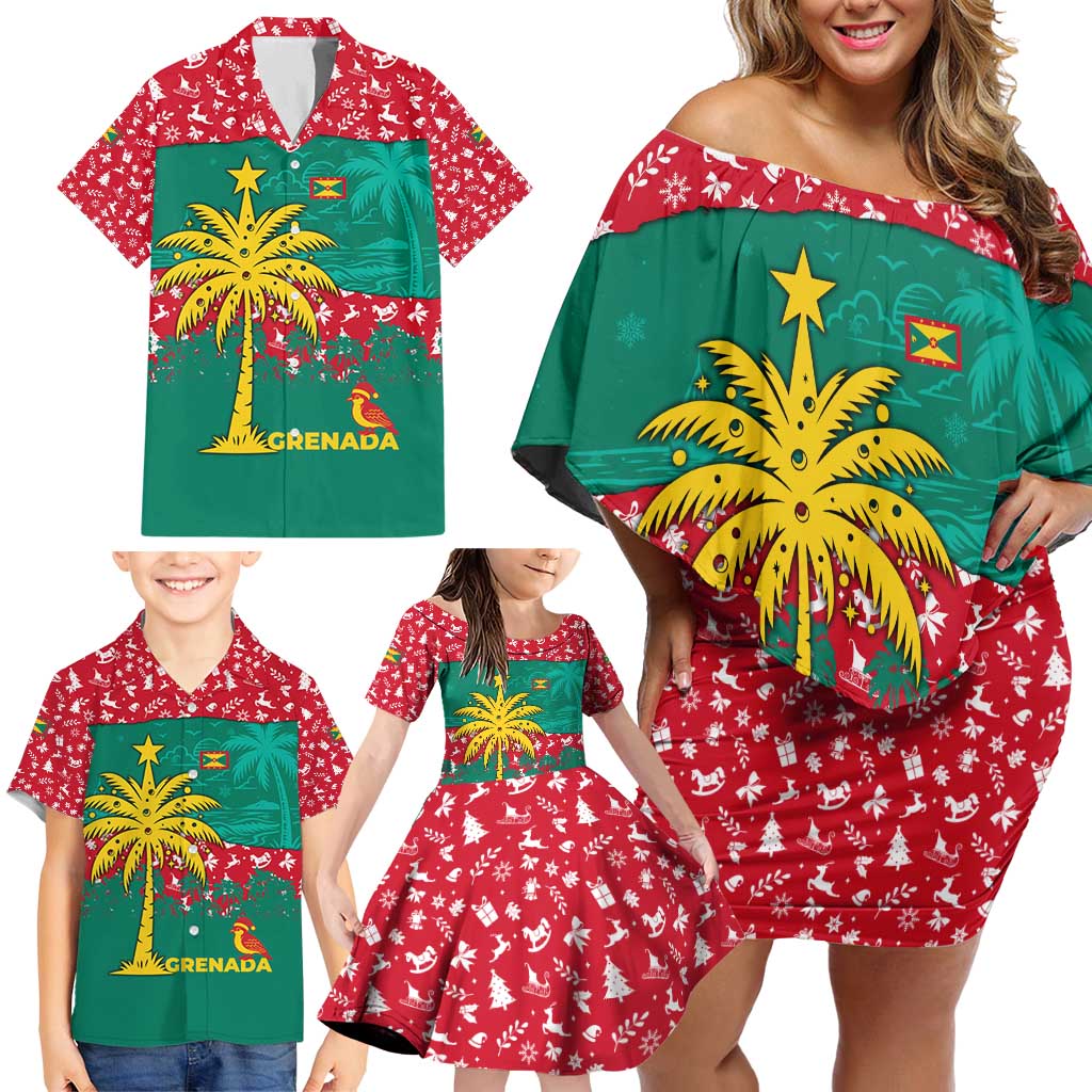Grenada Christmas Family Matching Off Shoulder Short Dress and Hawaiian Shirt with Palm Tree Bird and Tropical Holiday Pattern Design - Wonder Print Shop