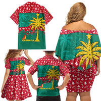 Grenada Christmas Family Matching Off Shoulder Short Dress and Hawaiian Shirt with Palm Tree Bird and Tropical Holiday Pattern Design - Wonder Print Shop