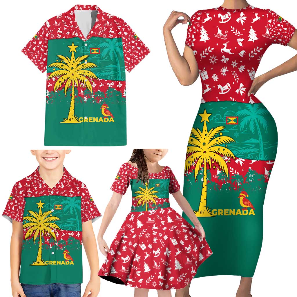 Grenada Christmas Family Matching Short Sleeve Bodycon Dress and Hawaiian Shirt with Palm Tree Bird and Tropical Holiday Pattern Design - Wonder Print Shop