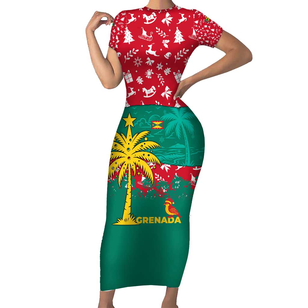 Grenada Christmas Family Matching Short Sleeve Bodycon Dress and Hawaiian Shirt with Palm Tree Bird and Tropical Holiday Pattern Design - Wonder Print Shop