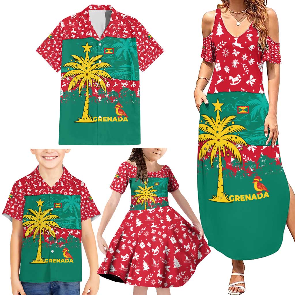 Grenada Christmas Family Matching Summer Maxi Dress and Hawaiian Shirt with Palm Tree Bird and Tropical Holiday Pattern Design - Wonder Print Shop