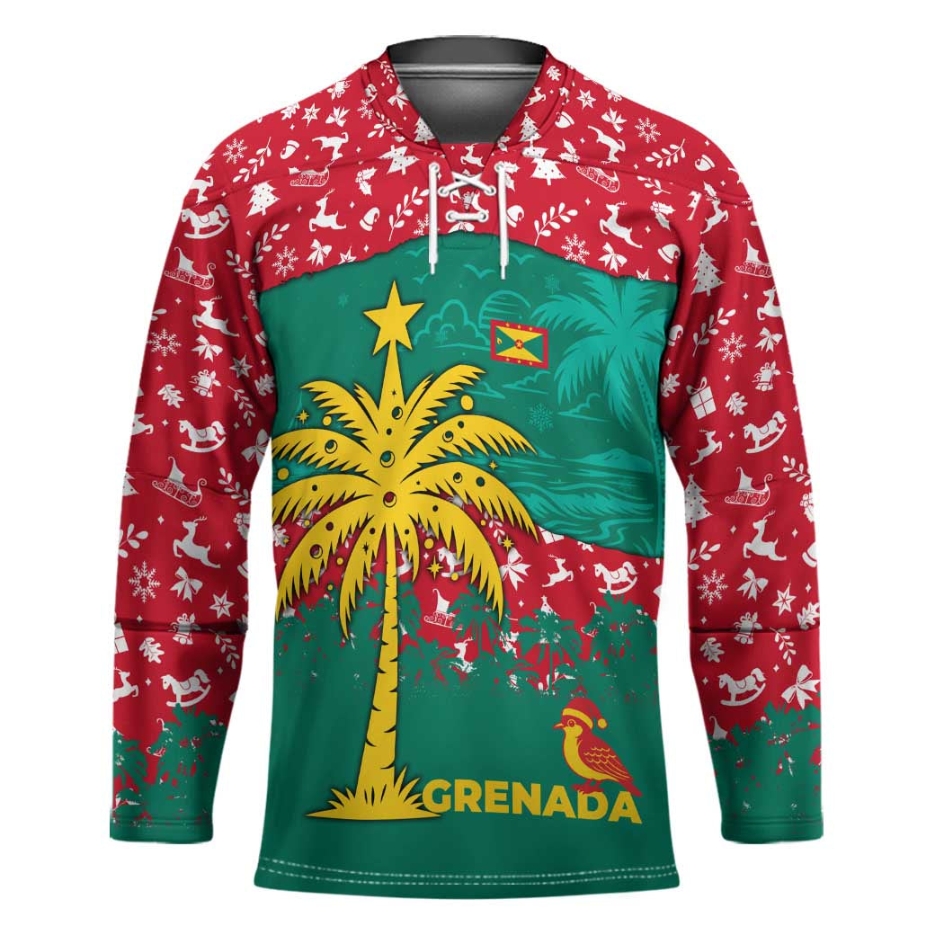 Grenada Christmas Hockey Jersey with Palm Tree Bird and Tropical Holiday Pattern Design - Wonder Print Shop