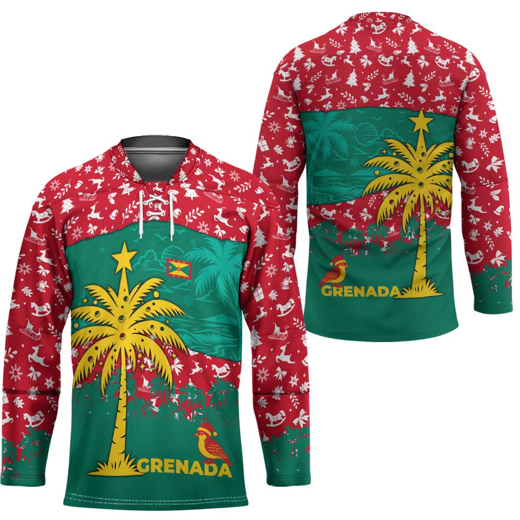 Grenada Christmas Hockey Jersey with Palm Tree Bird and Tropical Holiday Pattern Design - Wonder Print Shop