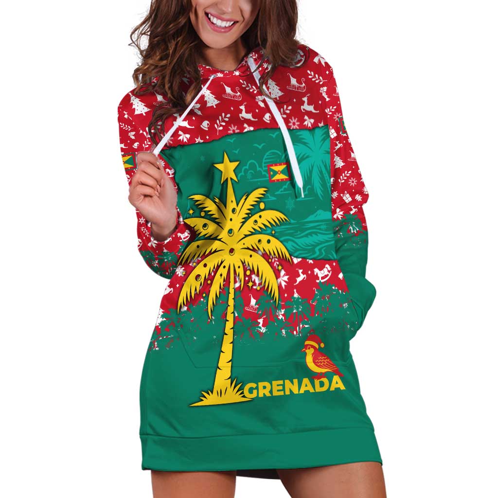 Grenada Christmas Hoodie Dress with Palm Tree Bird and Tropical Holiday Pattern Design - Wonder Print Shop