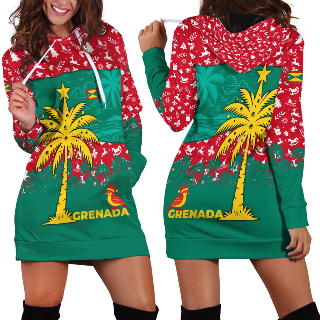 Grenada Christmas Hoodie Dress with Palm Tree Bird and Tropical Holiday Pattern Design - Wonder Print Shop
