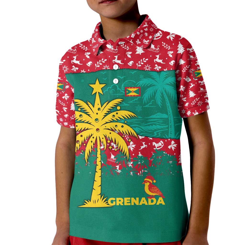 Grenada Christmas Kid Polo Shirt with Palm Tree Bird and Tropical Holiday Pattern Design - Wonder Print Shop