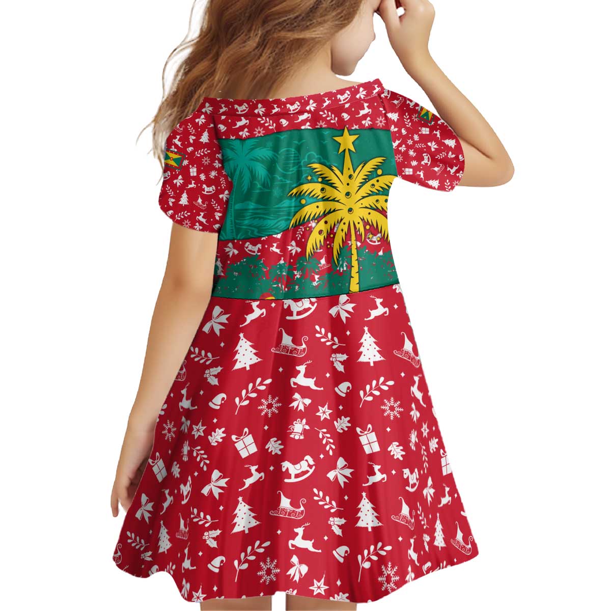 Grenada Christmas Kid Short Sleeve Dress with Palm Tree Bird and Tropical Holiday Pattern Design - Wonder Print Shop