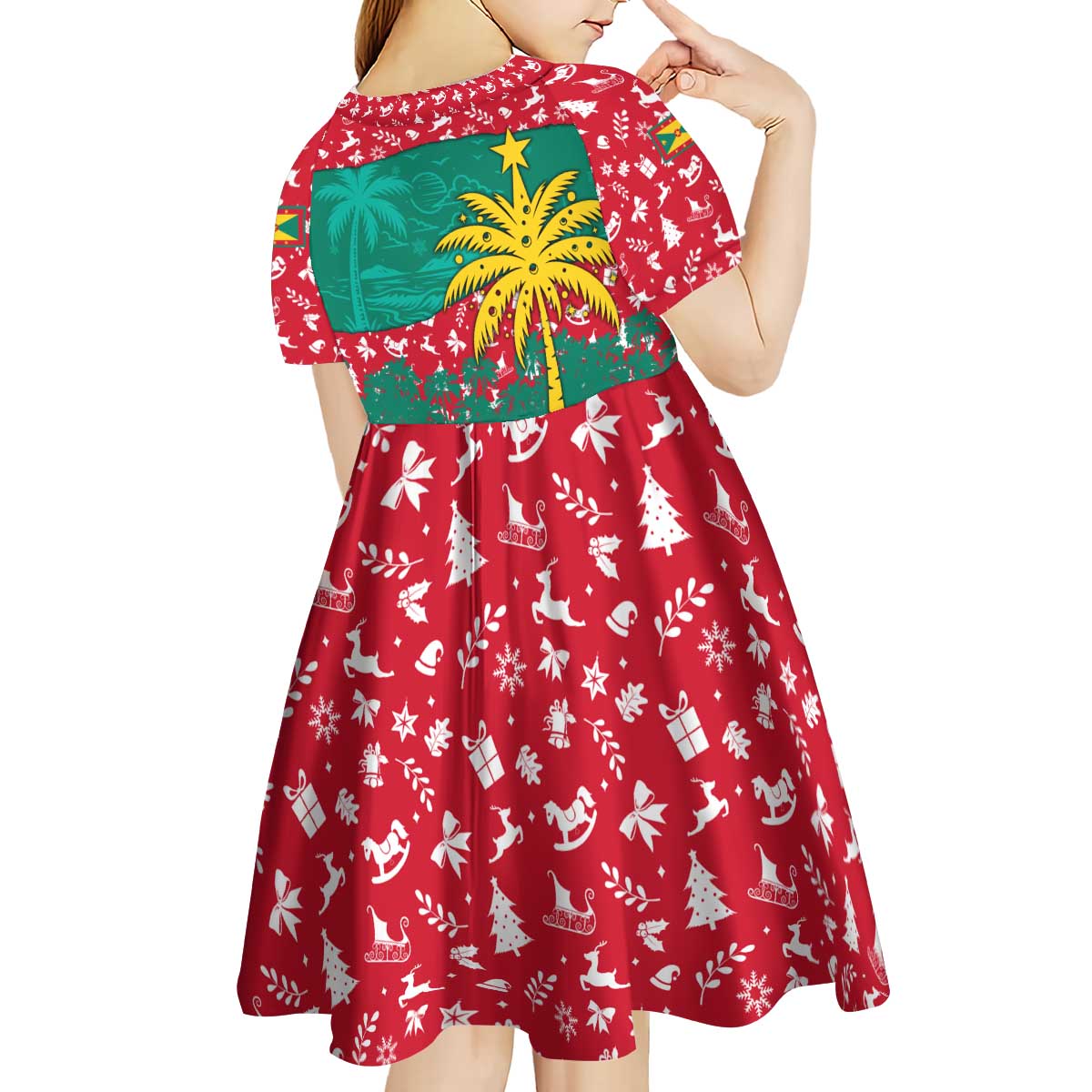 Grenada Christmas Kid Short Sleeve Dress with Palm Tree Bird and Tropical Holiday Pattern Design - Wonder Print Shop