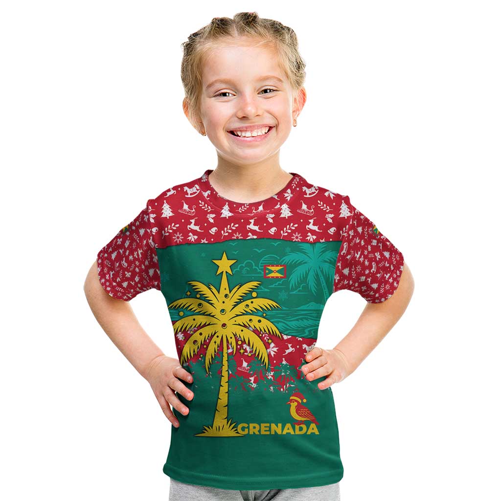 Grenada Christmas Kid T Shirt with Palm Tree Bird and Tropical Holiday Pattern Design - Wonder Print Shop