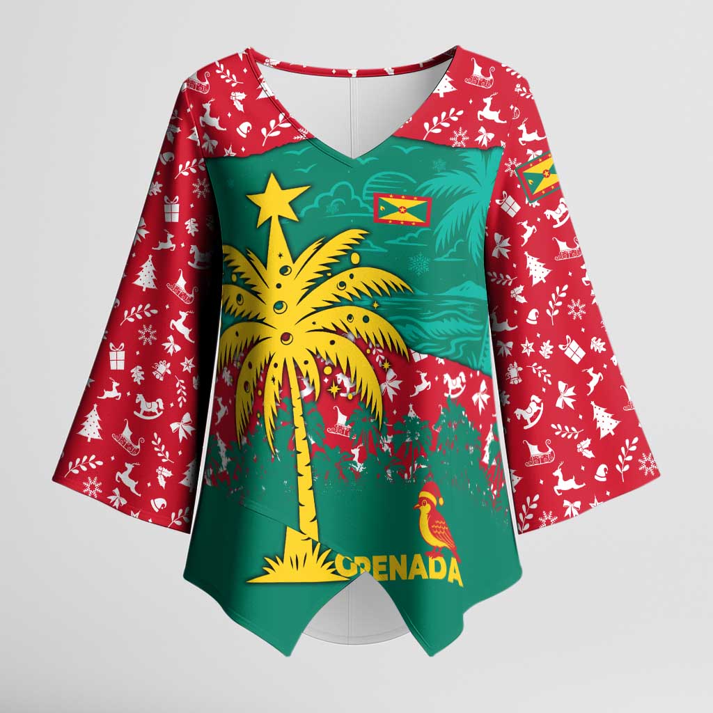 Grenada Christmas Kimono Sleeve Blouse with Palm Tree Bird and Tropical Holiday Pattern Design - Wonder Print Shop