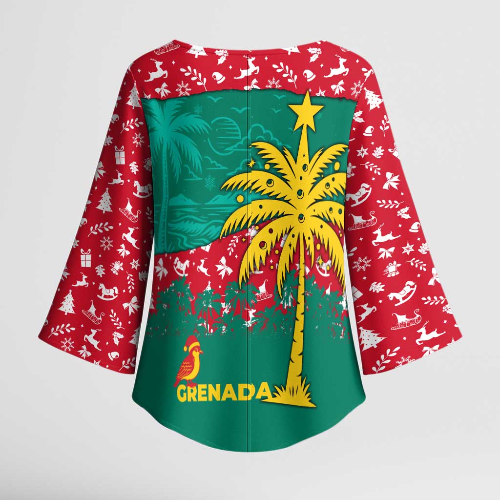 Grenada Christmas Kimono Sleeve Blouse with Palm Tree Bird and Tropical Holiday Pattern Design - Wonder Print Shop