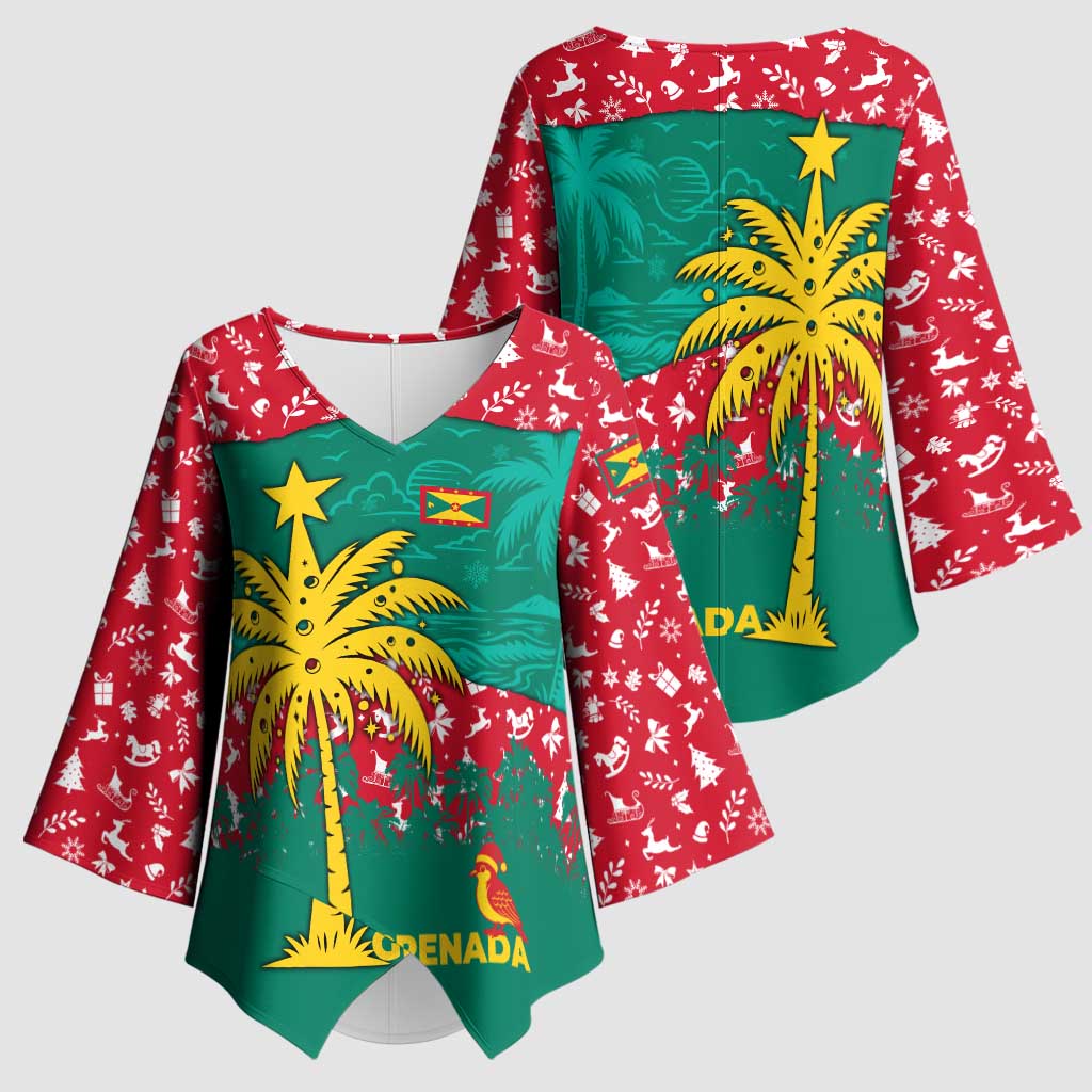 Grenada Christmas Kimono Sleeve Blouse with Palm Tree Bird and Tropical Holiday Pattern Design - Wonder Print Shop