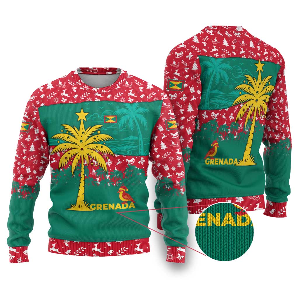 Grenada Christmas Ugly Christmas Sweater with Palm Tree Bird and Tropical Holiday Pattern Design - Wonder Print Shop