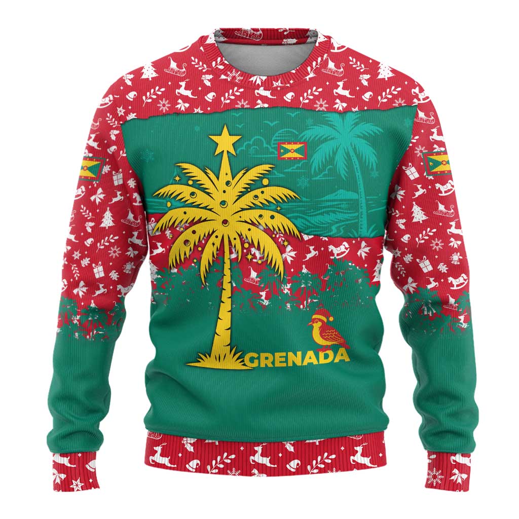 Grenada Christmas Ugly Christmas Sweater with Palm Tree Bird and Tropical Holiday Pattern Design - Wonder Print Shop