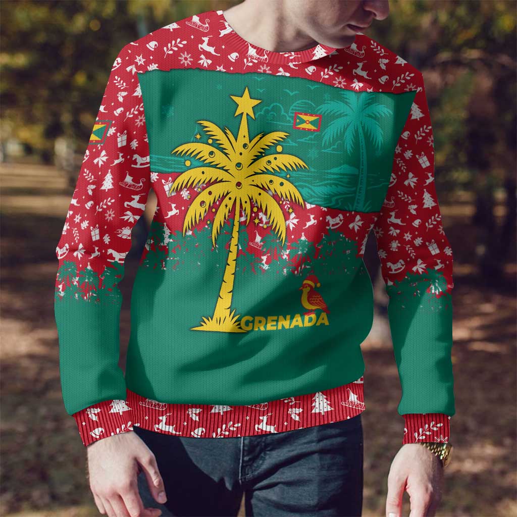 Grenada Christmas Ugly Christmas Sweater with Palm Tree Bird and Tropical Holiday Pattern Design - Wonder Print Shop