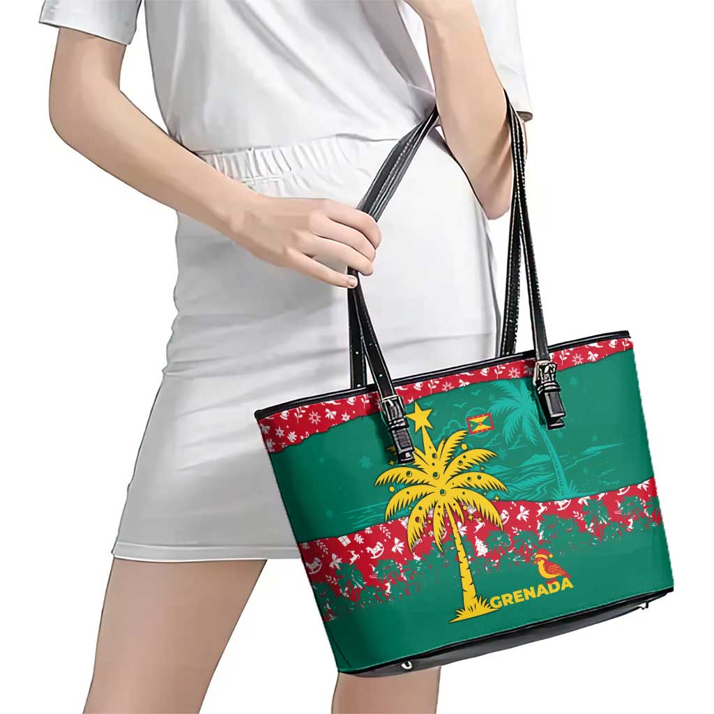 Grenada Christmas Leather Tote Bag with Palm Tree Bird and Tropical Holiday Pattern Design - Wonder Print Shop