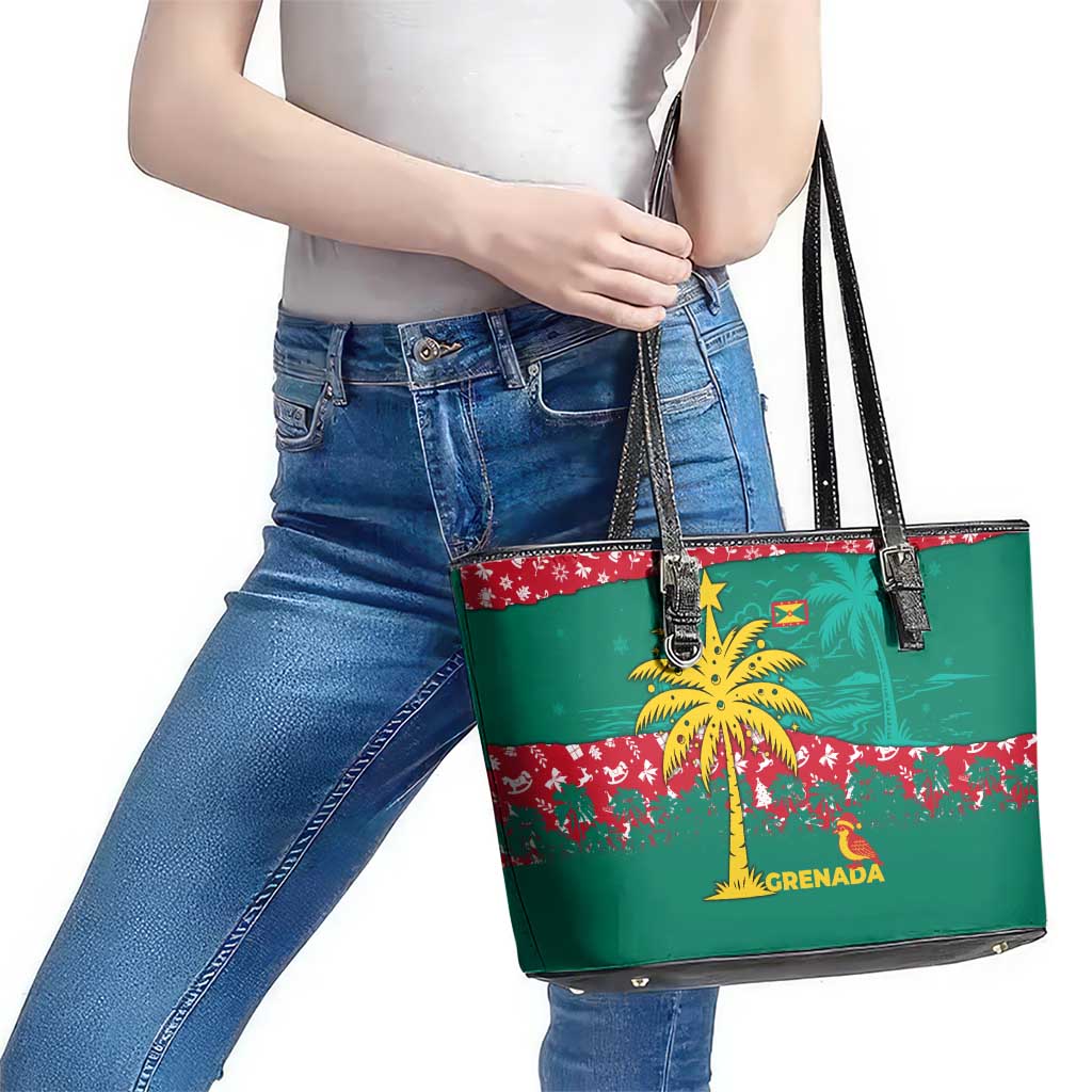 Grenada Christmas Leather Tote Bag with Palm Tree Bird and Tropical Holiday Pattern Design - Wonder Print Shop