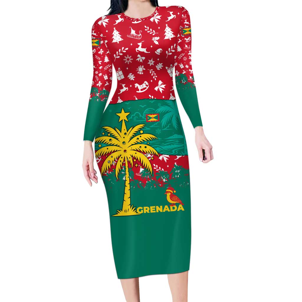 Grenada Christmas Long Sleeve Bodycon Dress with Palm Tree Bird and Tropical Holiday Pattern Design - Wonder Print Shop