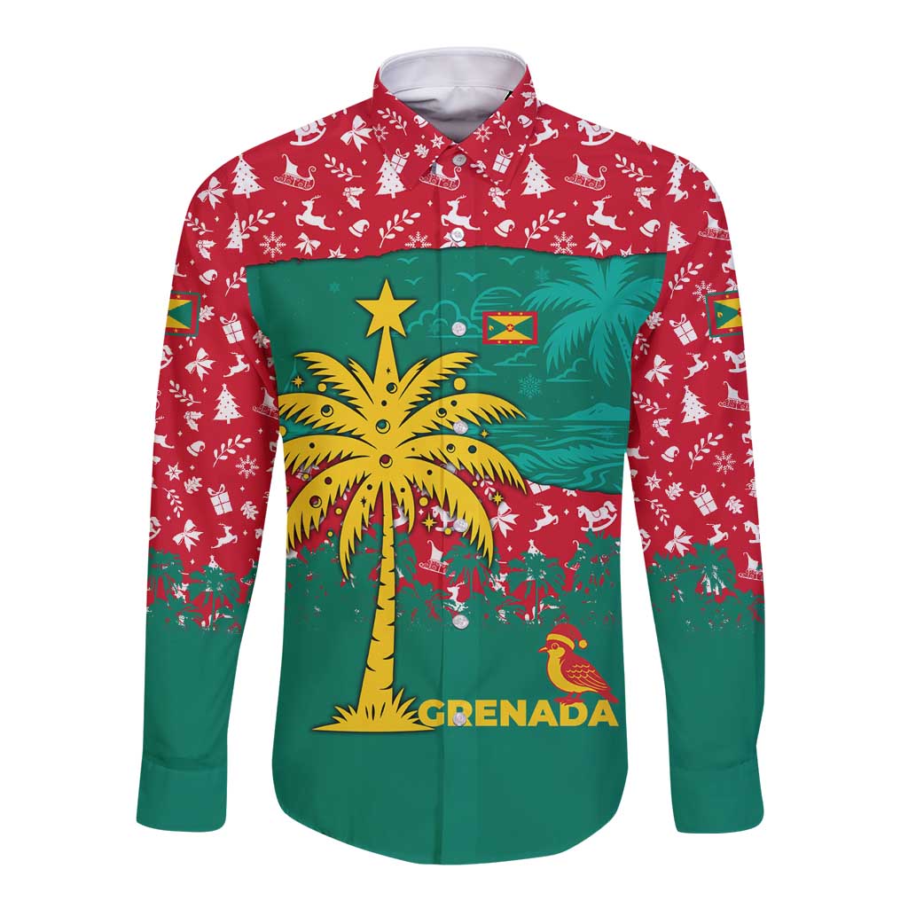 Grenada Christmas Long Sleeve Button Shirt with Palm Tree Bird and Tropical Holiday Pattern Design - Wonder Print Shop