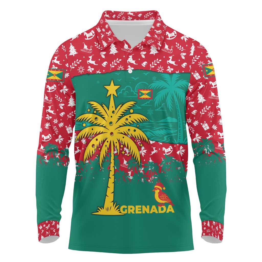 Grenada Christmas Long Sleeve Polo Shirt with Palm Tree Bird and Tropical Holiday Pattern Design - Wonder Print Shop