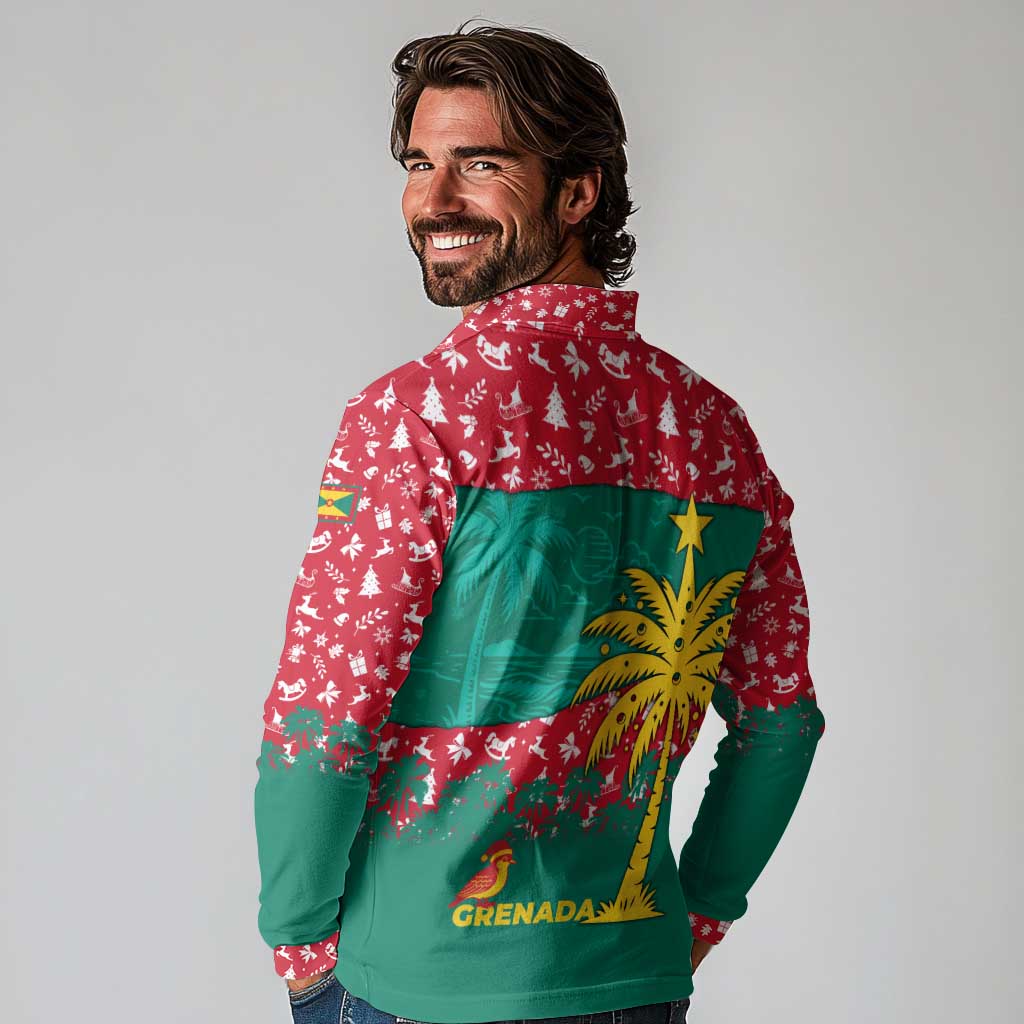 Grenada Christmas Long Sleeve Polo Shirt with Palm Tree Bird and Tropical Holiday Pattern Design - Wonder Print Shop