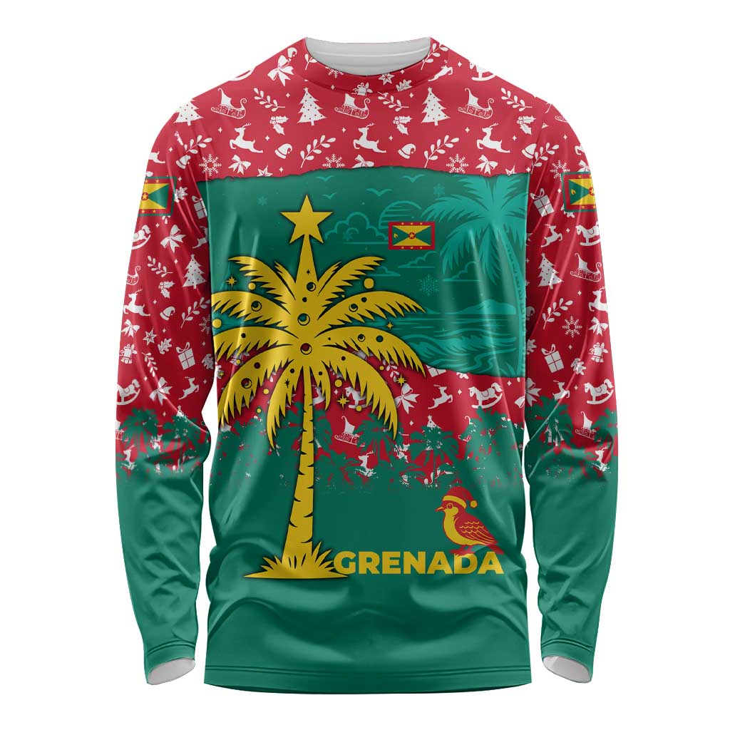 Grenada Christmas Long Sleeve Shirt with Palm Tree Bird and Tropical Holiday Pattern Design - Wonder Print Shop