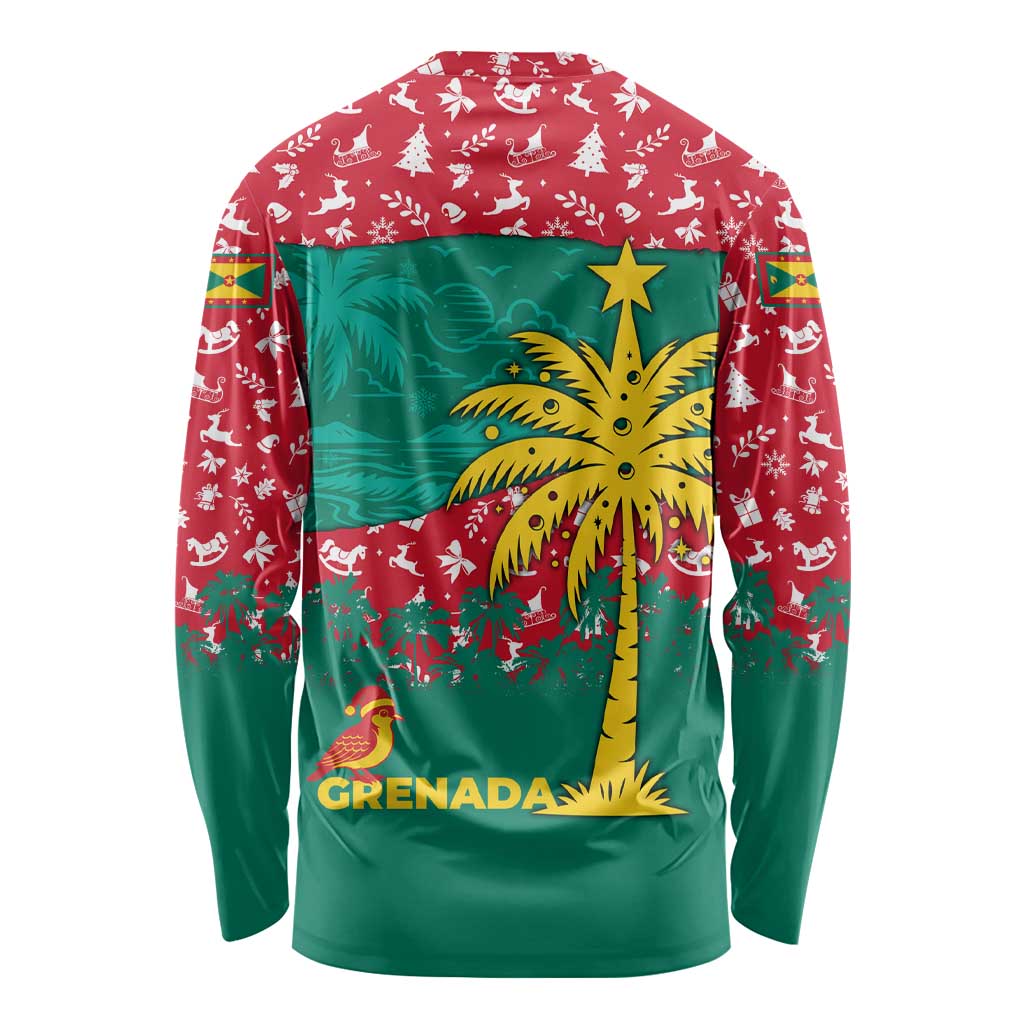Grenada Christmas Long Sleeve Shirt with Palm Tree Bird and Tropical Holiday Pattern Design - Wonder Print Shop