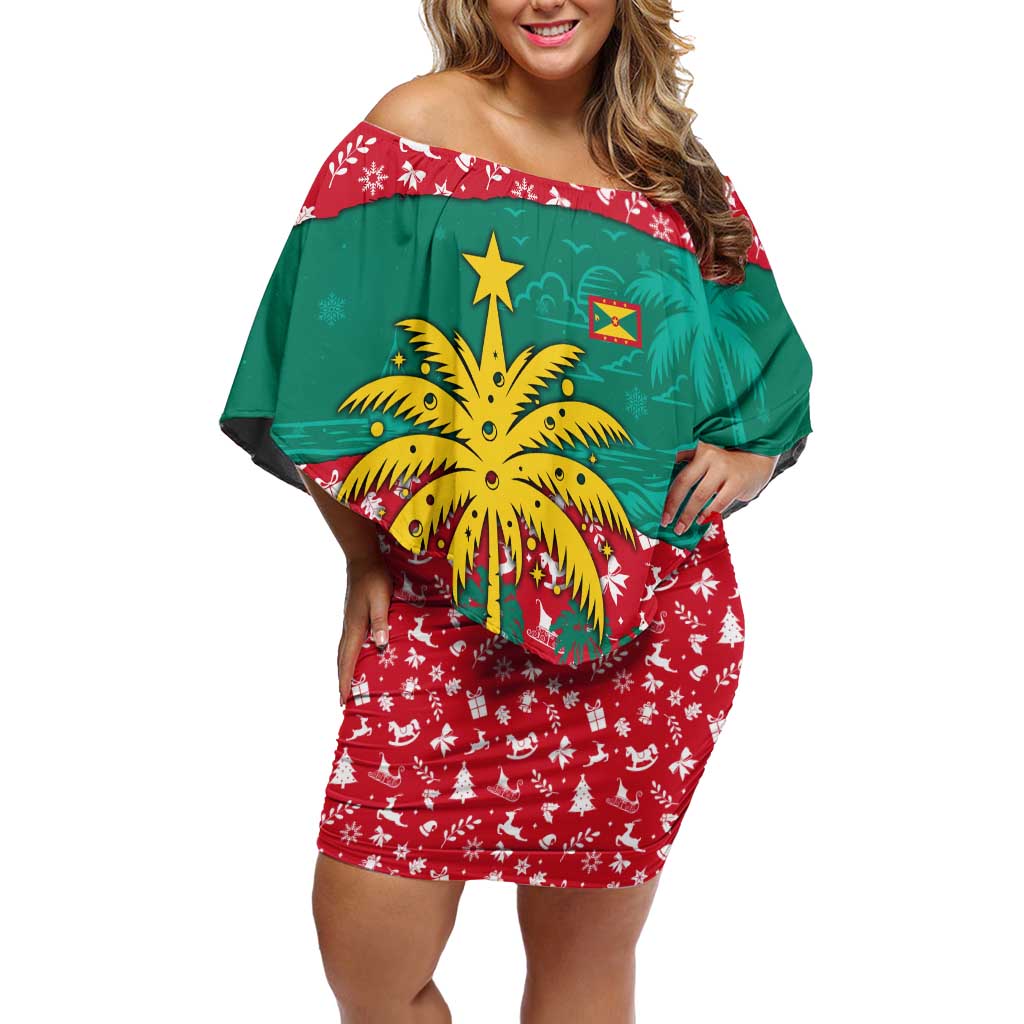 Grenada Christmas Off Shoulder Short Dress with Palm Tree Bird and Tropical Holiday Pattern Design - Wonder Print Shop