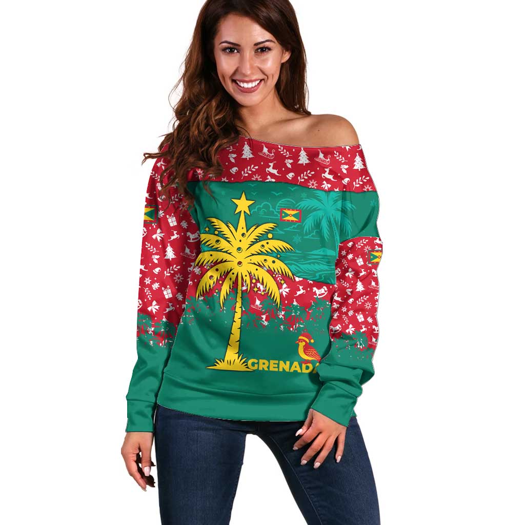 Grenada Christmas Off Shoulder Sweater with Palm Tree Bird and Tropical Holiday Pattern Design - Wonder Print Shop