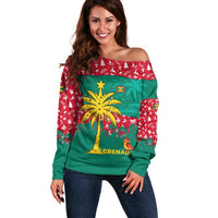 Grenada Christmas Off Shoulder Sweater with Palm Tree Bird and Tropical Holiday Pattern Design - Wonder Print Shop