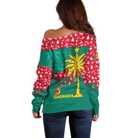 Grenada Christmas Off Shoulder Sweater with Palm Tree Bird and Tropical Holiday Pattern Design - Wonder Print Shop