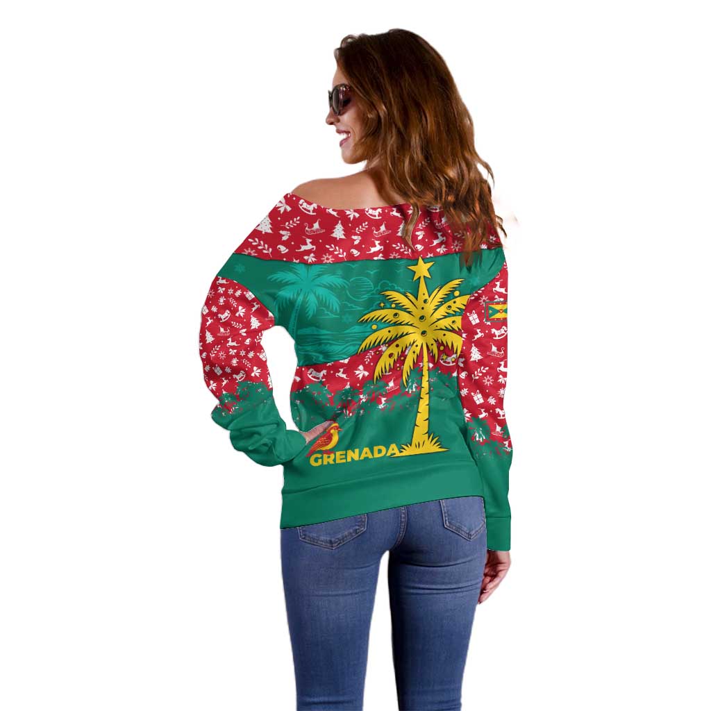 Grenada Christmas Off Shoulder Sweater with Palm Tree Bird and Tropical Holiday Pattern Design - Wonder Print Shop